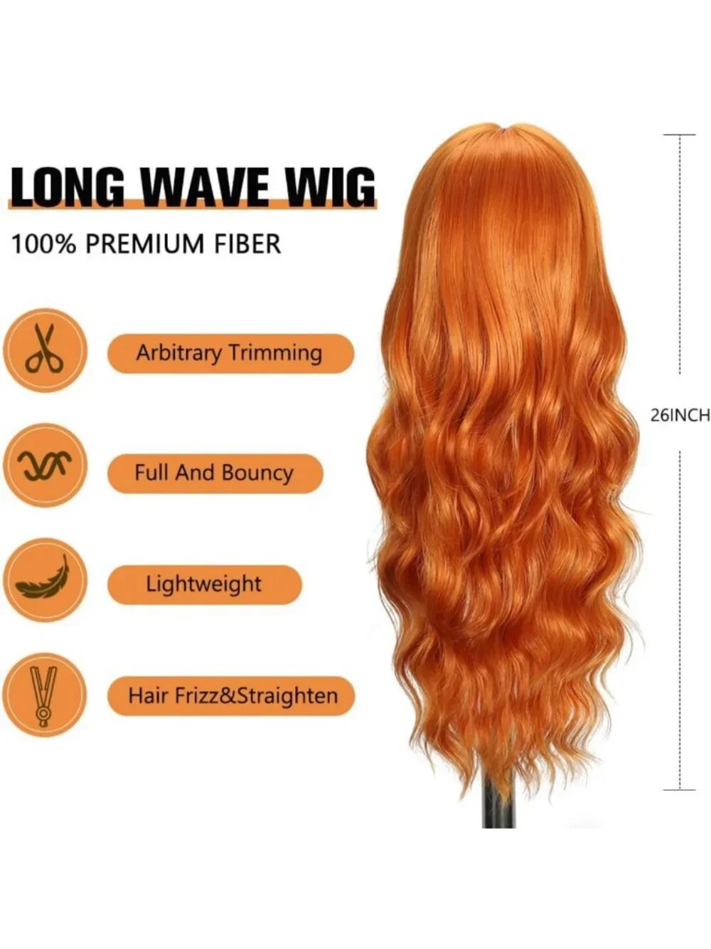 Vibrant Orange Long Curly Wavy Wig with Bangs for Women - 26